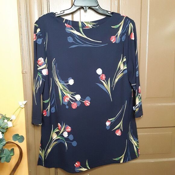 Graver Studio Women's Blouse Size M Flower Motif Blue Top - Picture 1 of 9